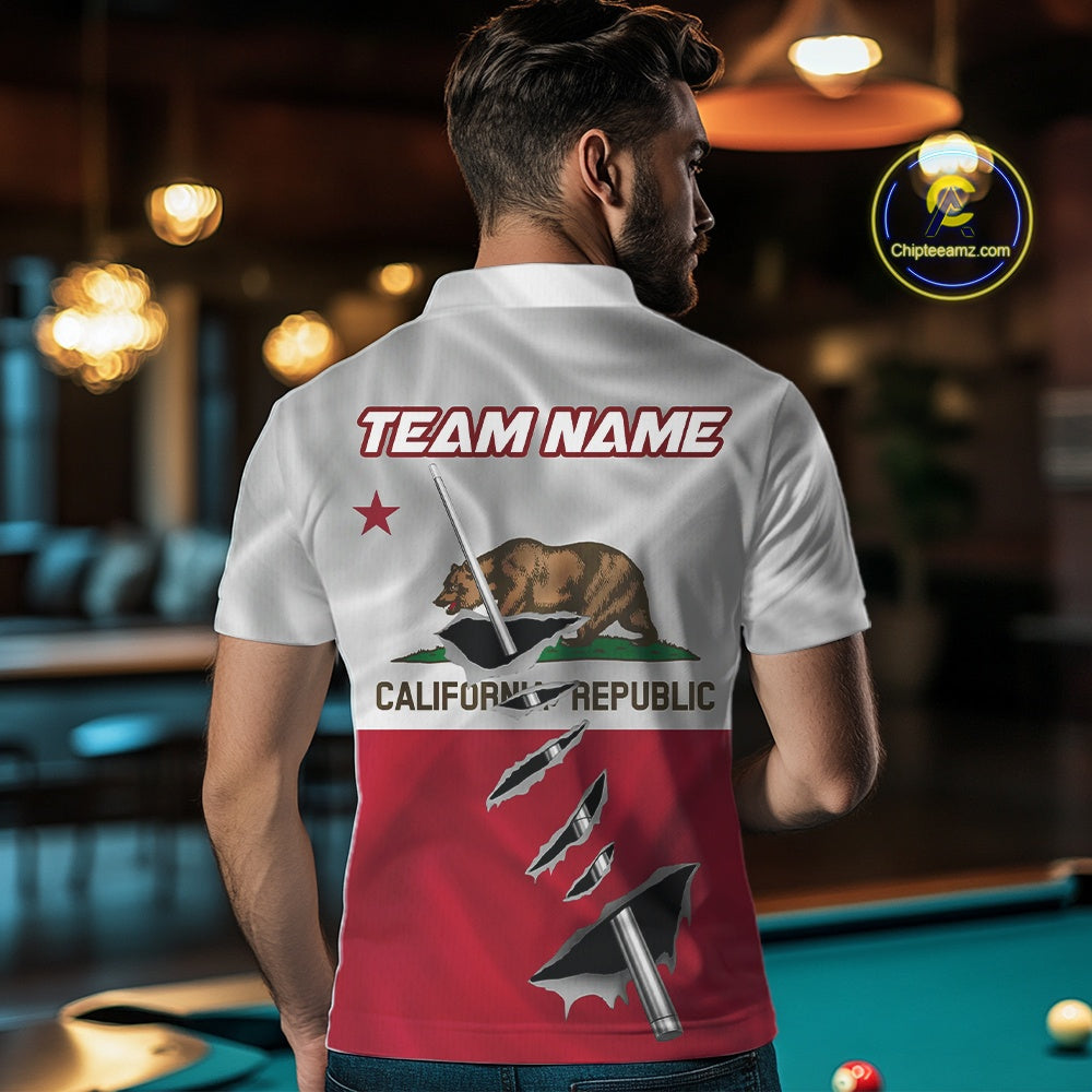 Custom California State Flag Silver Billiard Cue Patriotic Billiard 8 Ball Shirts For Men IPHW10586