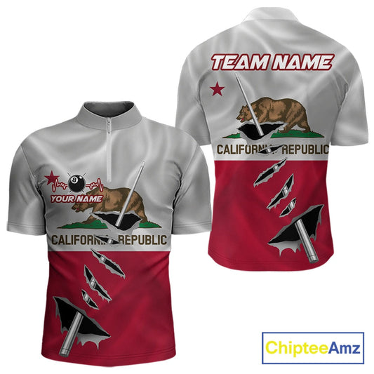 Custom California State Flag Silver Billiard Cue Patriotic Billiard 8 Ball Shirts For Men IPHW10586