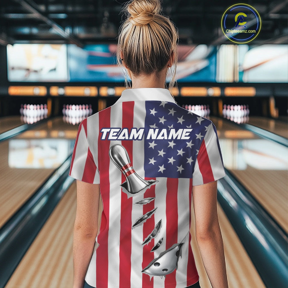Custom US Flag Silver Bowling Ball And Pin Patriotic Bowling Shirts For Women Team Jerseys IPHW10588