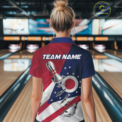 Custom Ohio State Flag Silver Bowling Ball And Pin Patriotic Bowling Shirts For Women IPHW10590