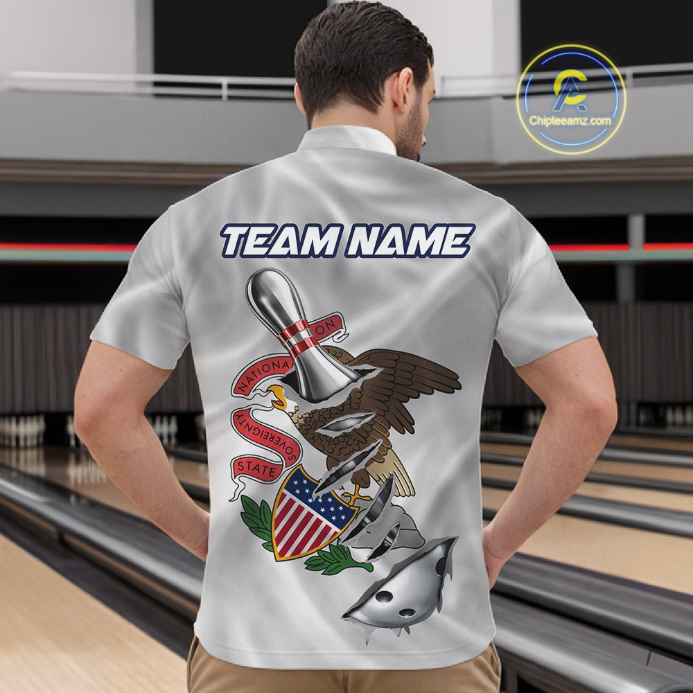 Custom Illinois State Flag Silver Bowling Ball And Pin Patriotic Bowling Shirts For Men IPHW10591