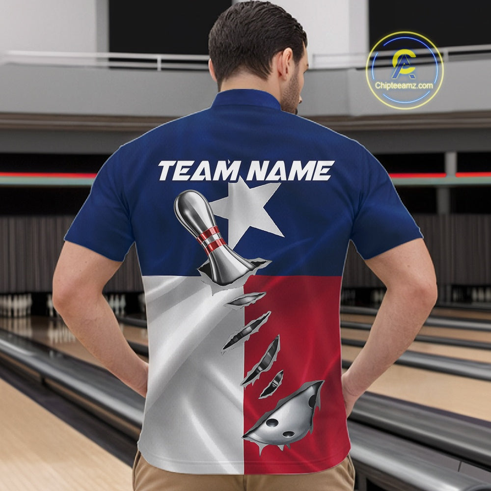 Custom Texas State Flag Silver Bowling Ball And Pin Patriotic Bowling Shirts For Men IPHW10592
