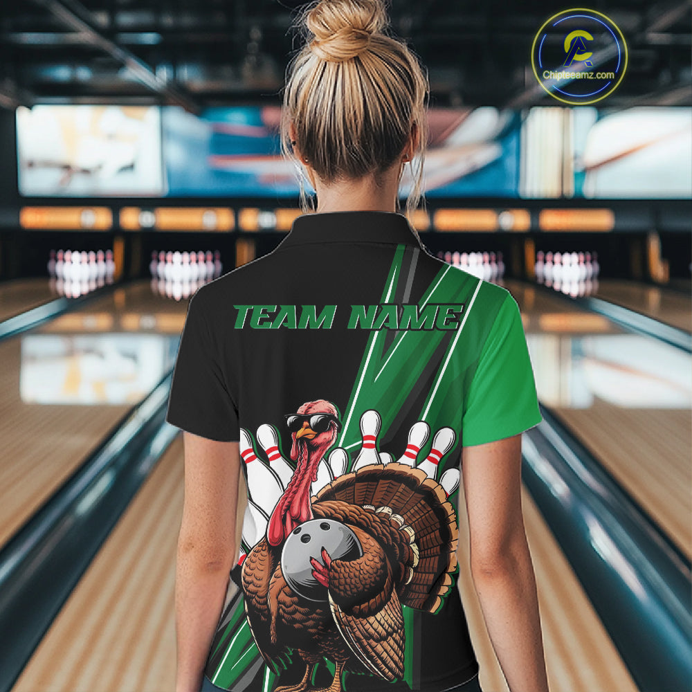 Black And Green Custom Funny Turkey Bowling Women Shirts, Bowling League Team Shirt IPHW10801