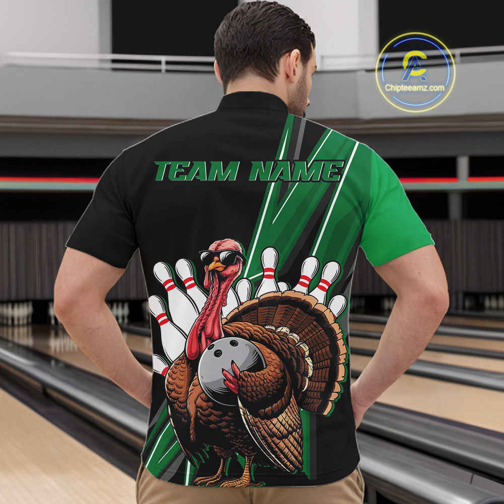 Black And Green Custom Funny Turkey Bowling Men Shirts, Bowling League Team Shirt IPHW10801