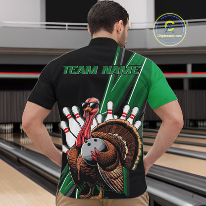 Black And Green Custom Funny Turkey Bowling Men Shirts, Bowling League Team Shirt IPHW10801