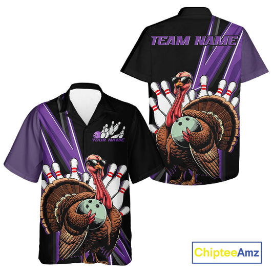 Black And Purple Custom Funny Turkey Bowling Men And Women Shirts, Bowling League Team Shirt IPHW10802