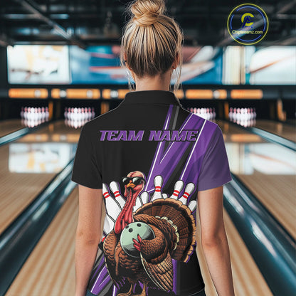 Black And Purple Custom Funny Turkey Bowling Women Shirts, Bowling League Team Shirt IPHW10802
