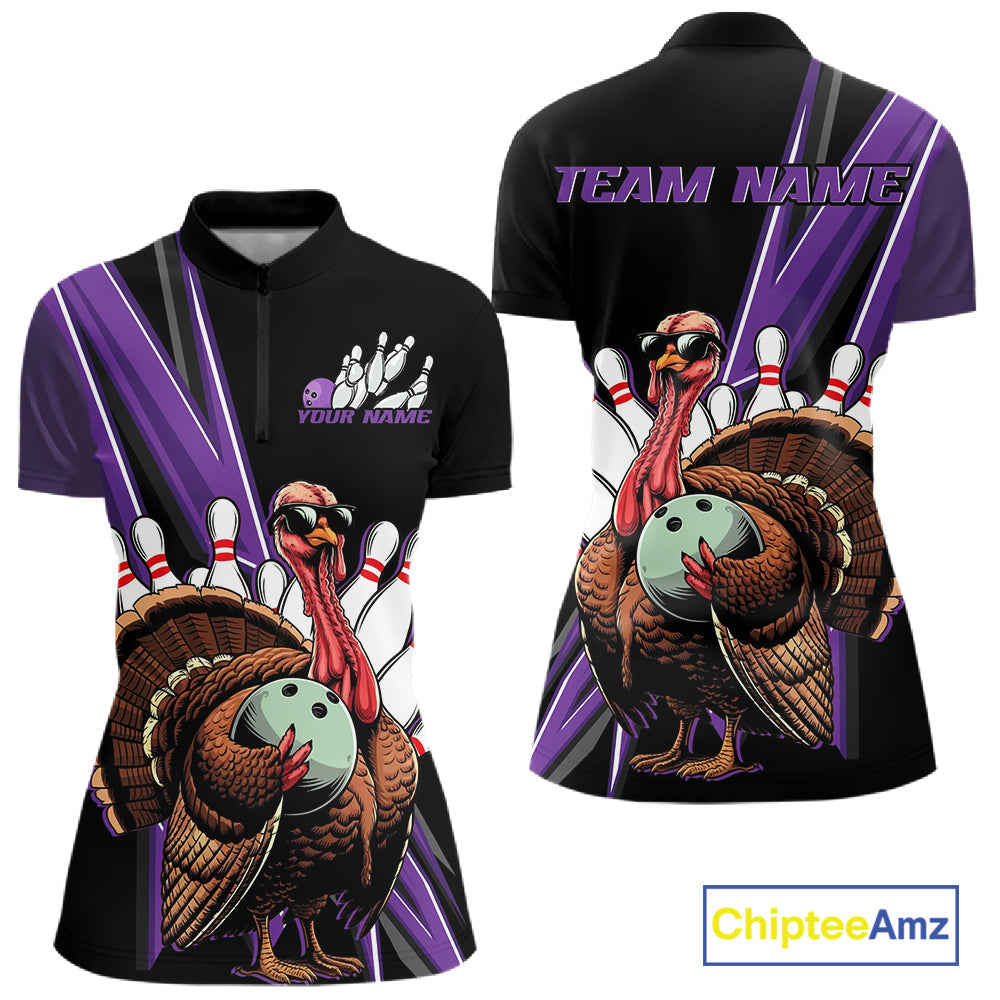 Black And Purple Custom Funny Turkey Bowling Women Shirts, Bowling League Team Shirt IPHW10802