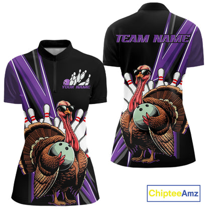 Black And Purple Custom Funny Turkey Bowling Women Shirts, Bowling League Team Shirt IPHW10802