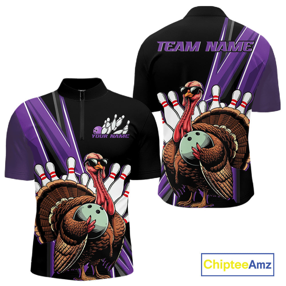 Black And Purple Custom Funny Turkey Bowling Men Shirts, Bowling League Team Shirt IPHW10802
