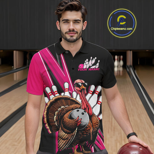 Black And Pink Custom Funny Turkey Bowling Men Shirts, Bowling League Team Shirt IPHW10803