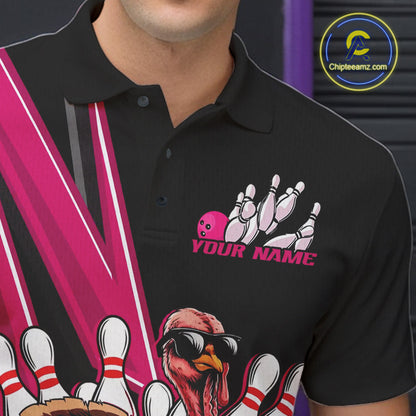 Black And Pink Custom Funny Turkey Bowling Men Shirts, Bowling League Team Shirt IPHW10803