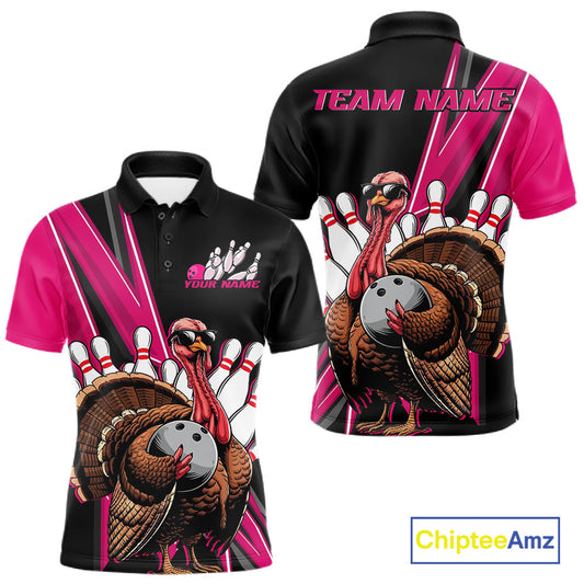 Black And Pink Custom Funny Turkey Bowling Men Shirts, Bowling League Team Shirt IPHW10803