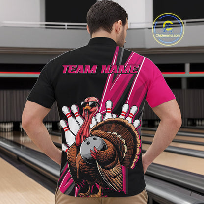 Black And Pink Custom Funny Turkey Bowling Men Shirts, Bowling League Team Shirt IPHW10803