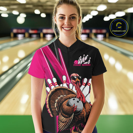 Black And Pink Custom Funny Turkey Bowling Women Shirts, Bowling League Team Shirt IPHW10803