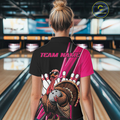Black And Pink Custom Funny Turkey Bowling Women Shirts, Bowling League Team Shirt IPHW10803
