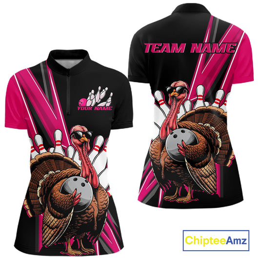 Black And Pink Custom Funny Turkey Bowling Women Shirts, Bowling League Team Shirt IPHW10803