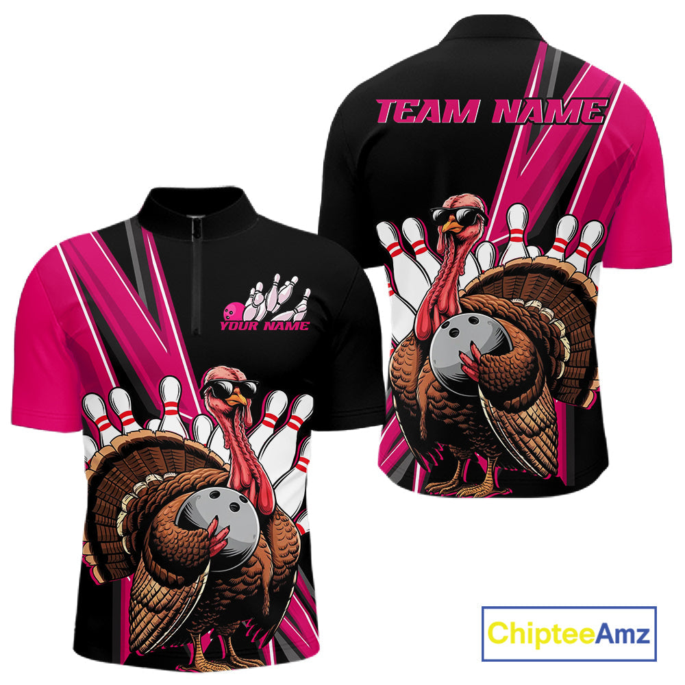 Black And Pink Custom Funny Turkey Bowling Men Shirts, Bowling League Team Shirt IPHW10803