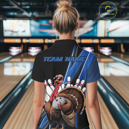 Black And Blue Custom Funny Turkey Bowling Women Shirts, Bowling League Team Shirt IPHW10804