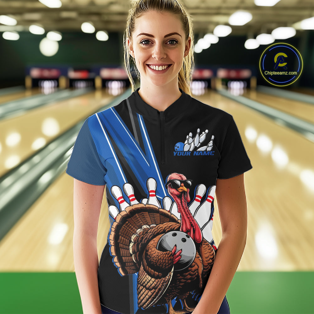 Black And Blue Custom Funny Turkey Bowling Women Shirts, Bowling League Team Shirt IPHW10804