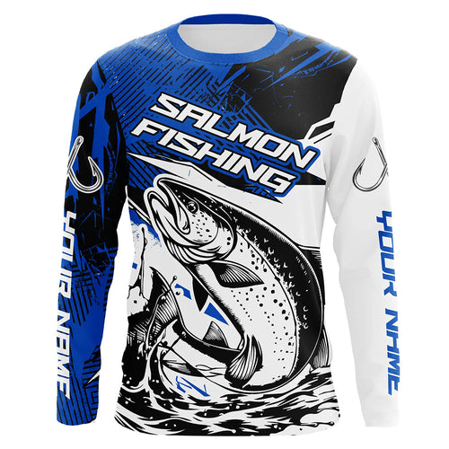 Personalized Chinook Salmon Fishing Jerseys, Salmon Performance Long Sleeve Fishing Shirts | Blue IPHW6208