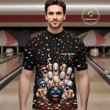 Load image into Gallery viewer, Front view of a male model wearing a bowling quarter zip shirt featuring funny cartoon bowling balls and animated pins raising frothy beer mugs beneath falling confetti in a bowling lane.