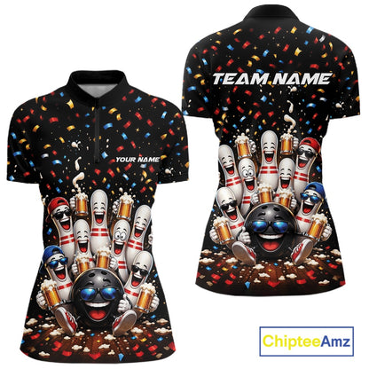 Front and back view of a women's bowling quarter zip mockup showcasing funny cartoon bowling balls and animated pins raising frothy beer mugs beneath falling confetti.