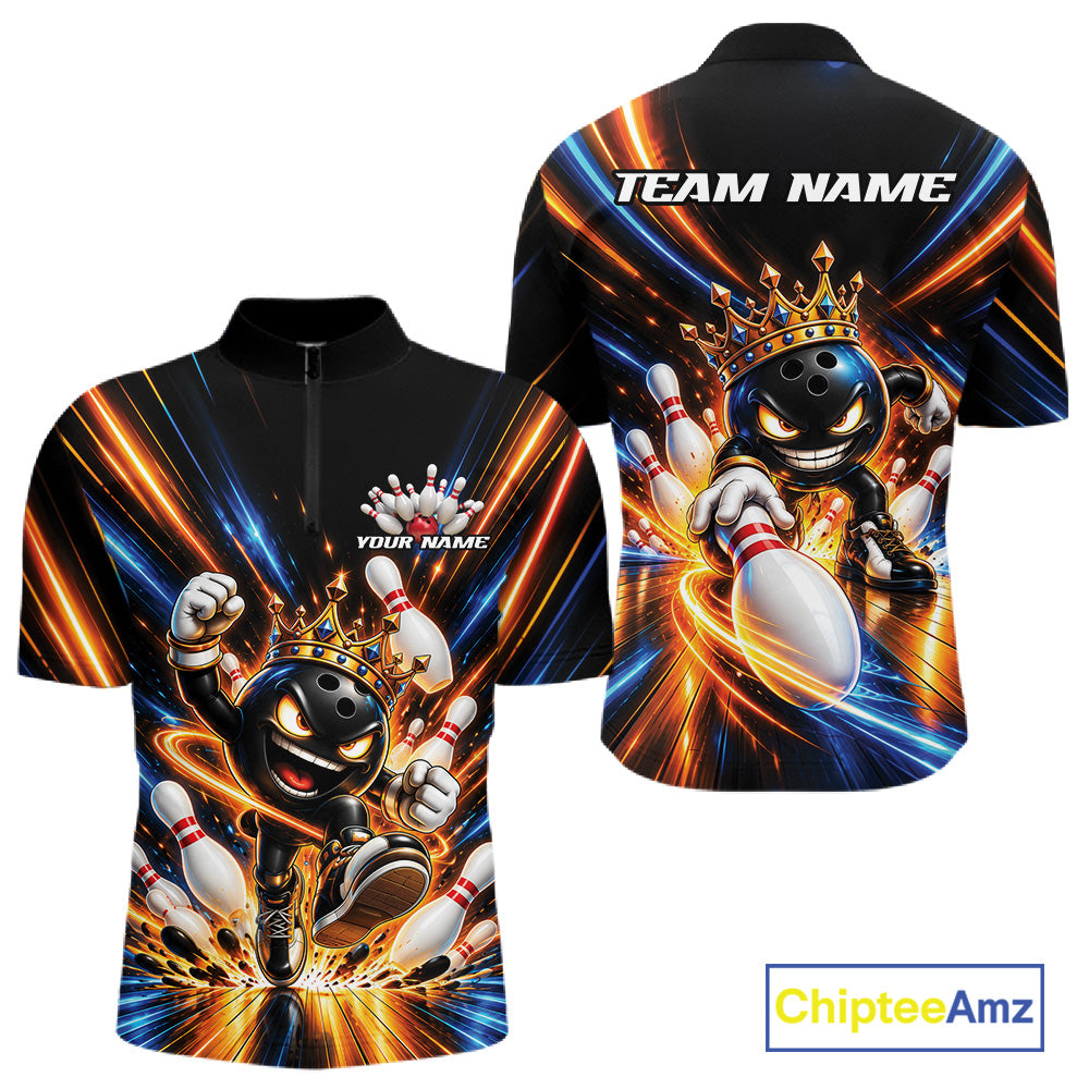 Custom Funny Crown Bowling Team Men Quarter Zip Shirt, Bowling King Jersey Bowler Outfit IPHW12317