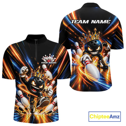 Custom Funny Crown Bowling Team Men Quarter Zip Shirt, Bowling King Jersey Bowler Outfit IPHW12317
