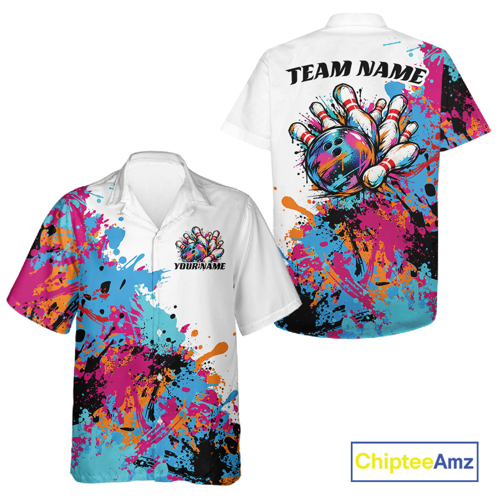 Custom Colorful Splatter Bowling Men And Women Button Up Tournament Team Shirt, Bowling League Outfit IPHW12783