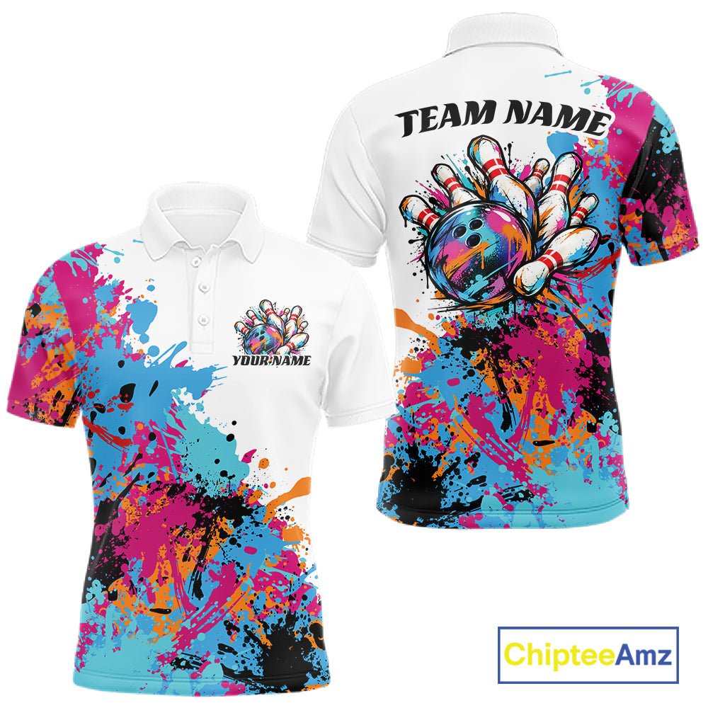 Custom Colorful Splatter Bowling Men Polo Tournament Team Shirt, Bowling League Outfit IPHW12783