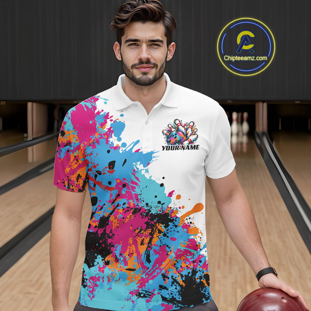 Custom Colorful Splatter Bowling Men Polo Tournament Team Shirt, Bowling League Outfit IPHW12783