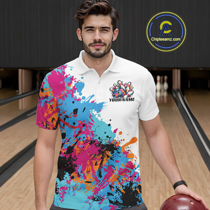 Custom Colorful Splatter Bowling Men Polo Tournament Team Shirt, Bowling League Outfit IPHW12783