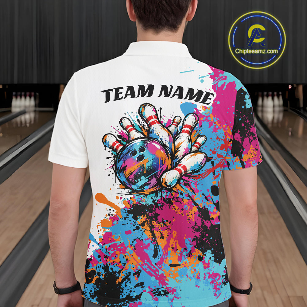 Custom Colorful Splatter Bowling Men Polo Tournament Team Shirt, Bowling League Outfit IPHW12783