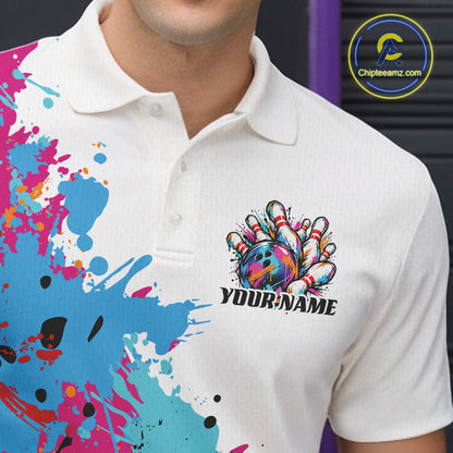 Custom Colorful Splatter Bowling Men Polo Tournament Team Shirt, Bowling League Outfit IPHW12783