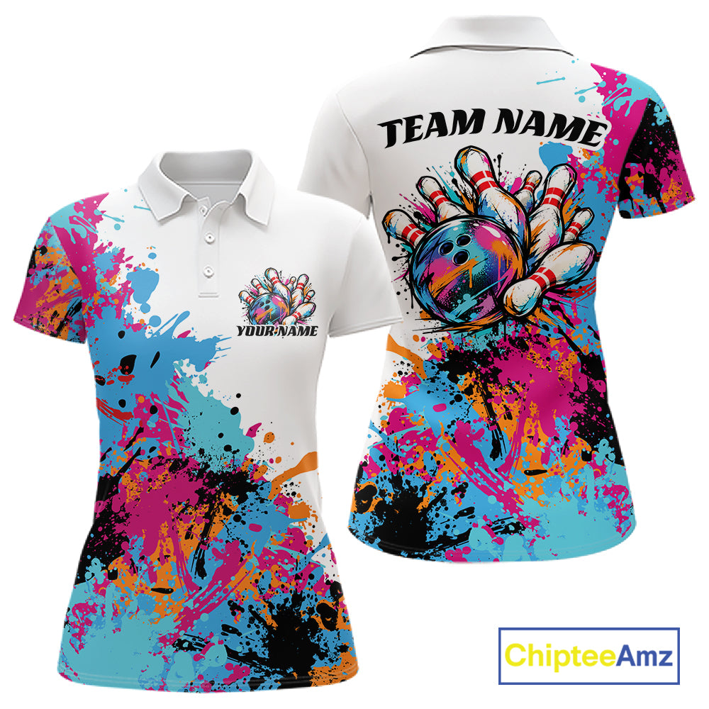 Custom Colorful Splatter Bowling Women Polo Tournament Team Shirt, Bowling League Outfit IPHW12783