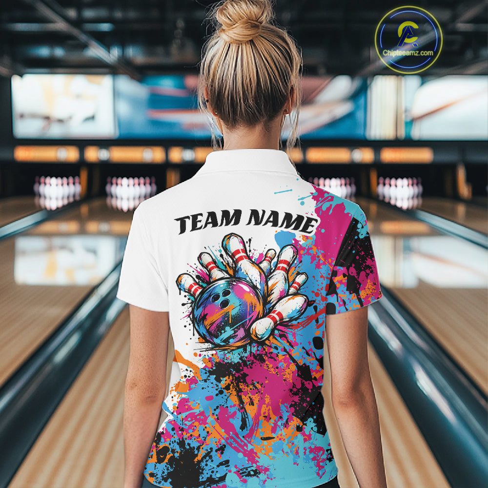 Custom Colorful Splatter Bowling Women Polo Tournament Team Shirt, Bowling League Outfit IPHW12783