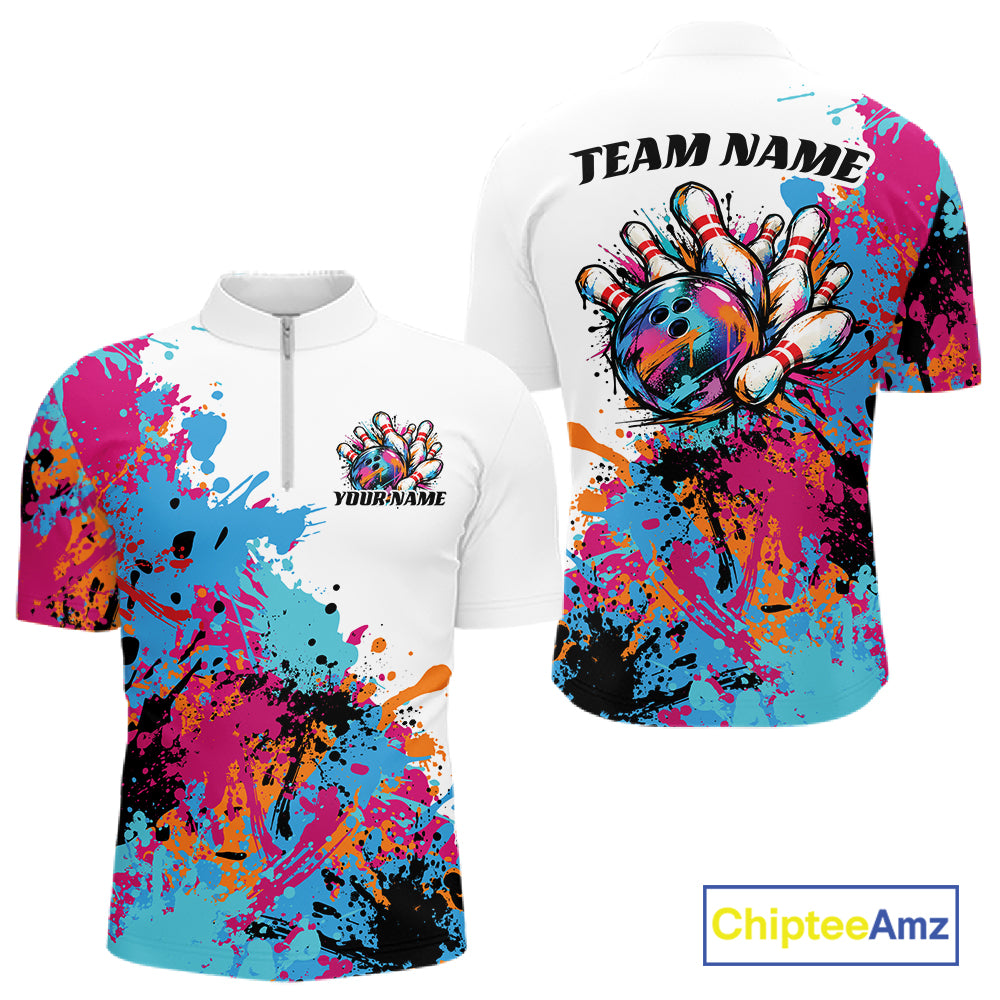 Custom Colorful Splatter Bowling Men Quarter Zip Tournament Team Shirt, Bowling League Outfit IPHW12783