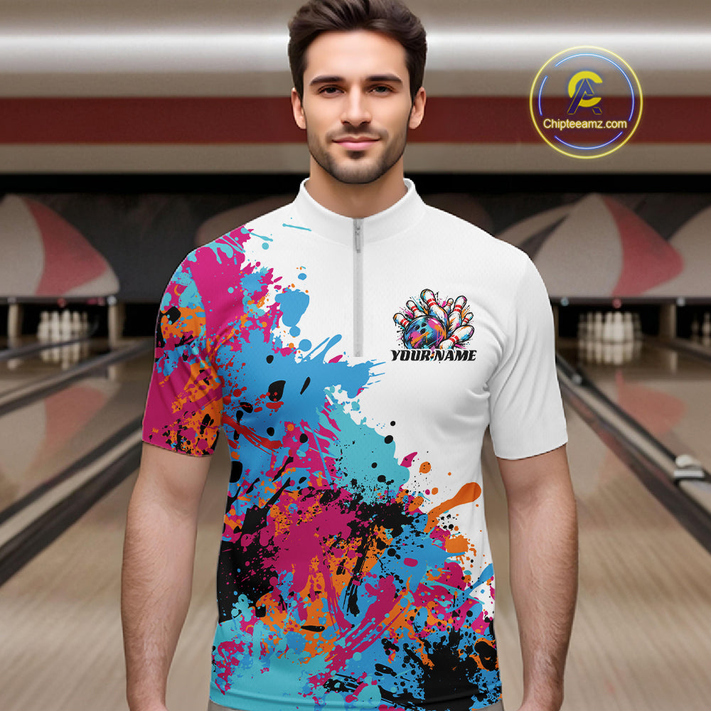 Custom Colorful Splatter Bowling Men Quarter Zip Tournament Team Shirt, Bowling League Outfit IPHW12783