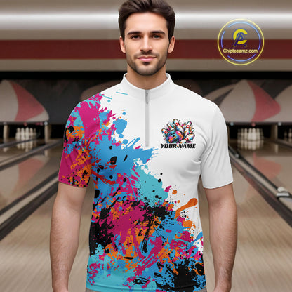 Custom Colorful Splatter Bowling Men Quarter Zip Tournament Team Shirt, Bowling League Outfit IPHW12783