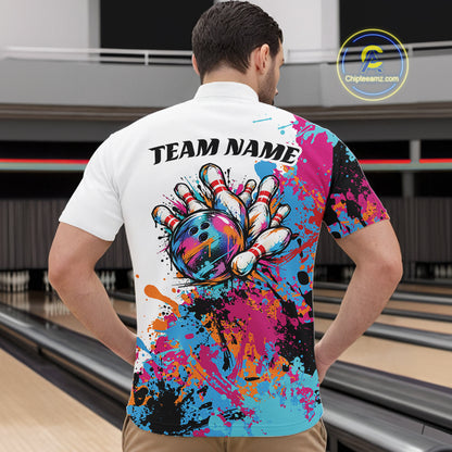 Custom Colorful Splatter Bowling Men Quarter Zip Tournament Team Shirt, Bowling League Outfit IPHW12783