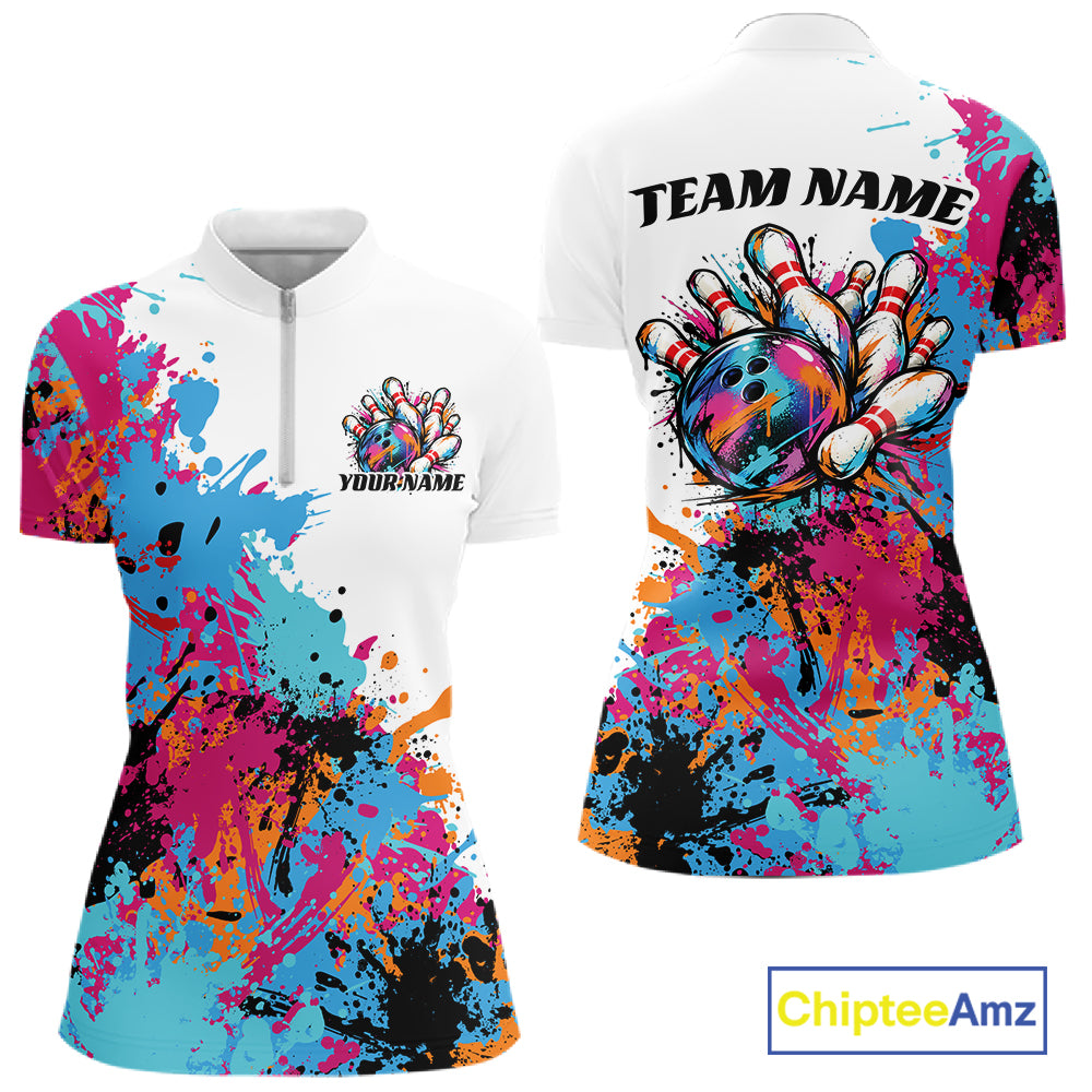 Custom Colorful Splatter Bowling Women Quarter-Zip Shirt, Bowling League Outfit IPHW12783
