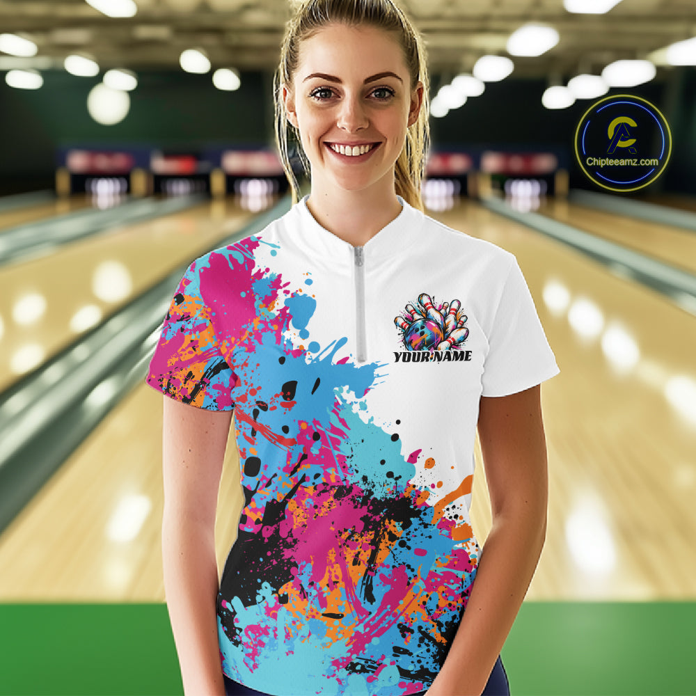 Custom Colorful Splatter Bowling Women Quarter-Zip Shirt, Bowling League Outfit IPHW12783