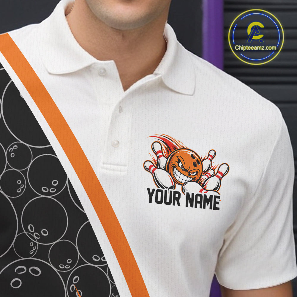Custom Funny Orange Bowling Ball Men Polo Team Shirt, Bowling Tournament Jersey IPHW12784