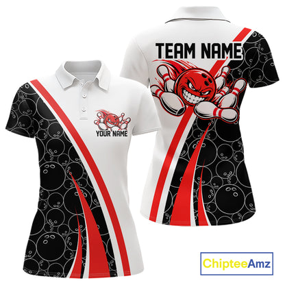 Custom Funny Red Bowling Ball Women Polo Team Shirt, Bowling Tournament Jersey IPHW12785