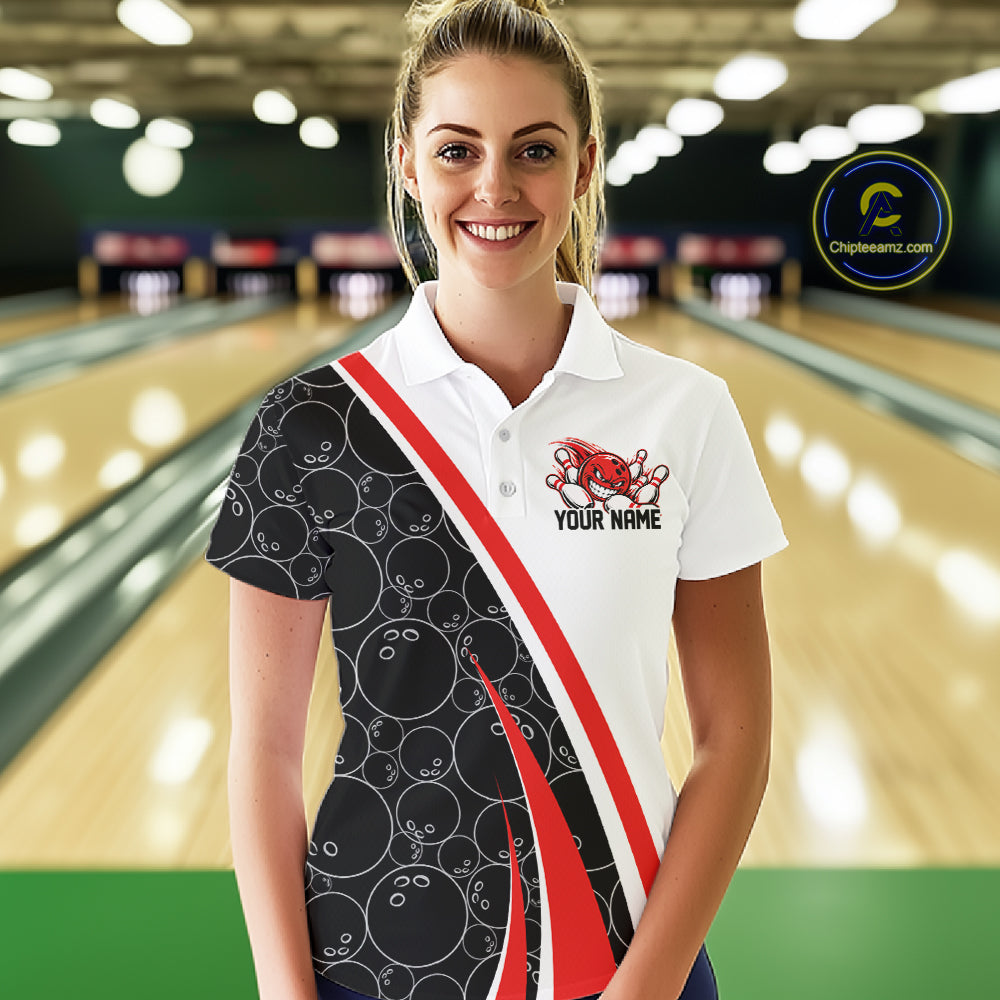 Custom Funny Red Bowling Ball Women Polo Team Shirt, Bowling Tournament Jersey IPHW12785