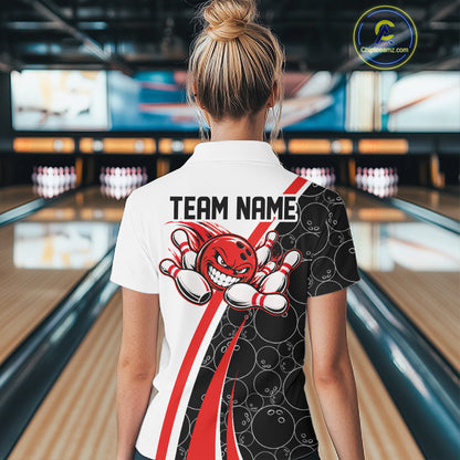 Custom Funny Red Bowling Ball Women Polo Team Shirt, Bowling Tournament Jersey IPHW12785