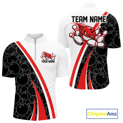 Custom Funny Red Bowling Ball Men Quarter Zip Team Shirt, Bowling Tournament Jersey IPHW12785