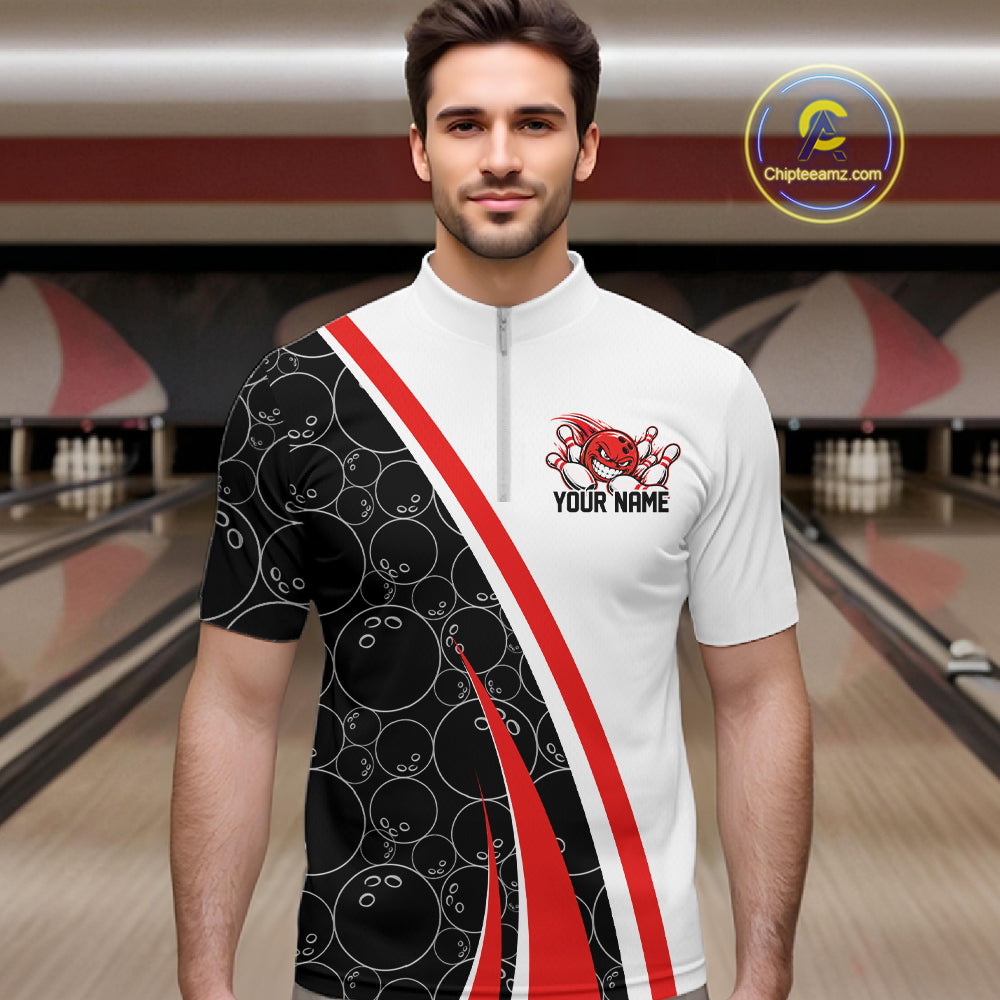 Custom Funny Red Bowling Ball Men Quarter Zip Team Shirt, Bowling Tournament Jersey IPHW12785
