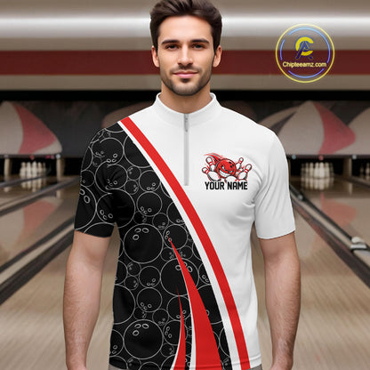 Custom Funny Red Bowling Ball Men Quarter Zip Team Shirt, Bowling Tournament Jersey IPHW12785
